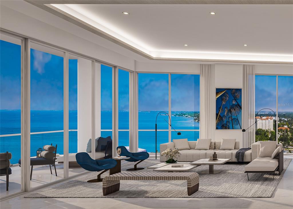 This rendering shows a modern living room with floor-to-ceiling windows overlooking the ocean — 555 QUAY COMMON UNIT 2004, SARASOTA, FL