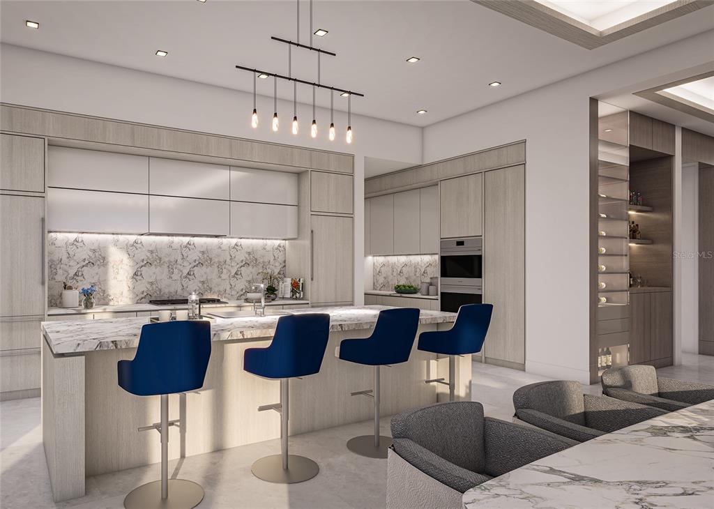 This is a rendering of a modern kitchen featuring a marble island and blue stools — 555 QUAY COMMON UNIT 2004, SARASOTA, FL