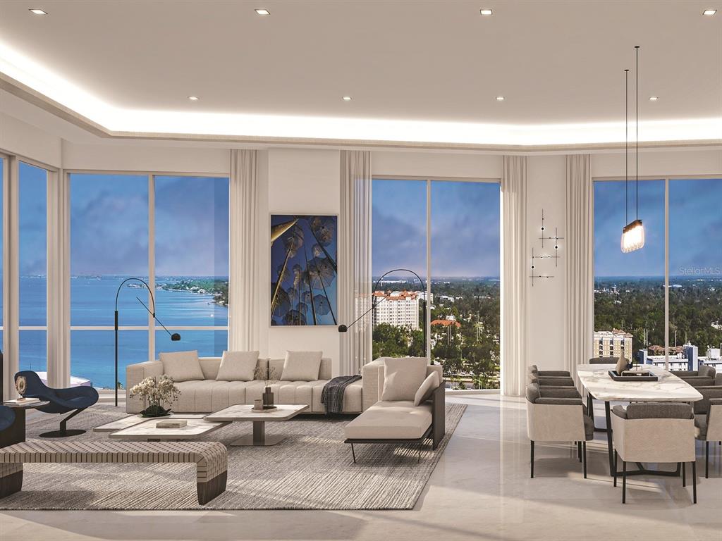 This rendering shows a modern living and dining area with floor-to-ceiling windows overlooking the water — 555 QUAY COMMON UNIT 2004, SARASOTA, FL