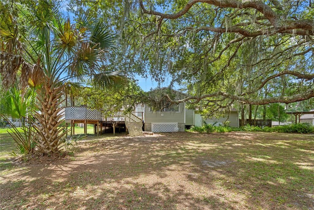 A backyard view of a house with a wooden deck and large oak trees — 26015 SACKAMAXON DRIVE, SORRENTO, FL