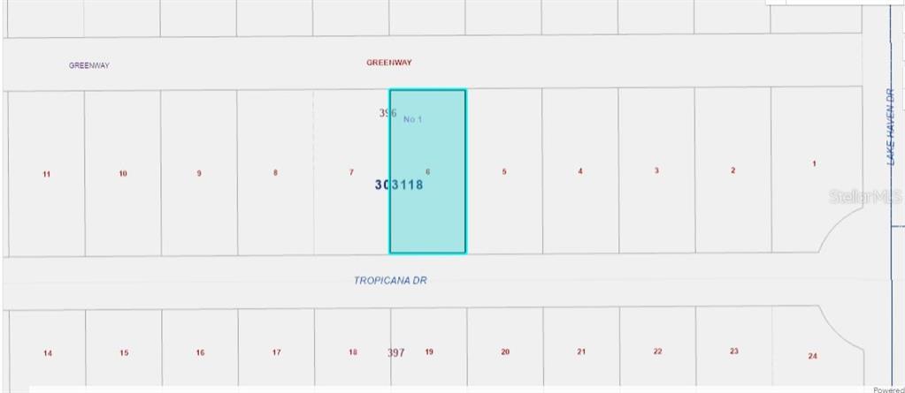 This is a map showing a highlighted rectangular land parcel located between Greenway and Tropicana Drive — 612 TROPICANA DRIVE, INDIAN LAKE ESTATES, FL
