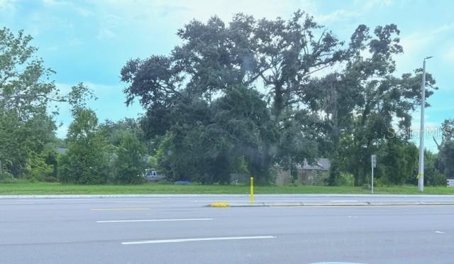 A view of a grassy lot with large trees behind a multi-lane paved road — 3415 21ST AVENUE S, ST PETERSBURG, FL