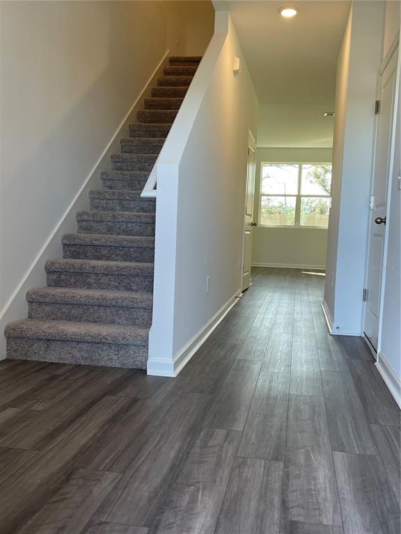 An entryway features gray wood-look flooring, a carpeted staircase, and a white door — 6157 DAERR RIDGE UNIT 6157, ZEPHYRHILLS, FL