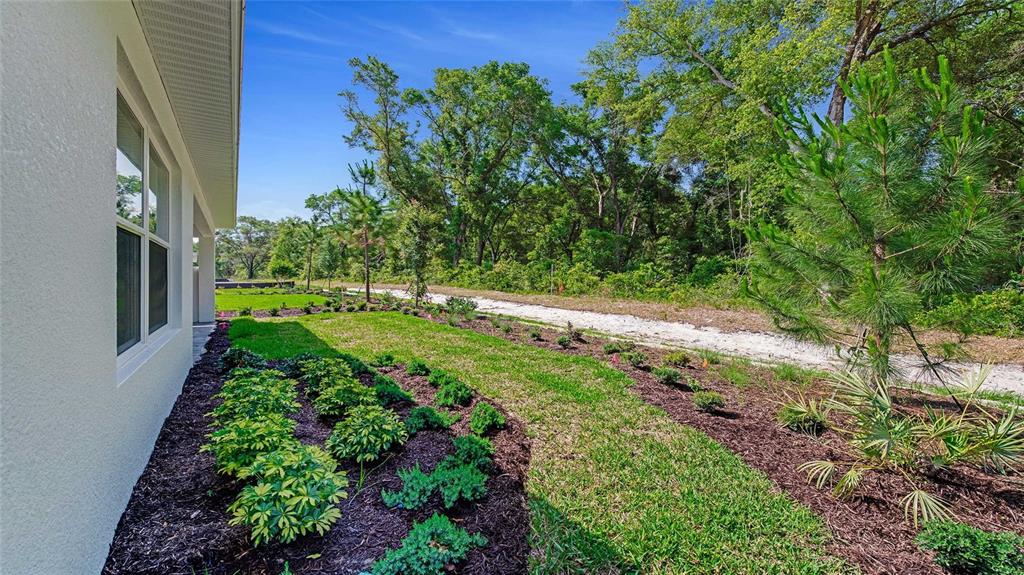 A side view of a house exterior showing a landscaped garden bed and wooded area — 1235 CRESSWIND BOULEVARD, DELAND, FL