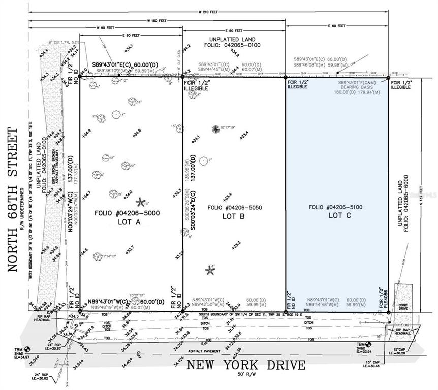 This is a land survey map showing three adjacent lots labeled A, B, and C — 6806 NEW YORK DRIVE Lot C, TAMPA, FL