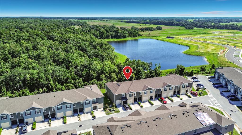 An aerial view shows a row of townhouses next to a pond and woods — 1229 YELLOW FINCH DRIVE, DAVENPORT, FL