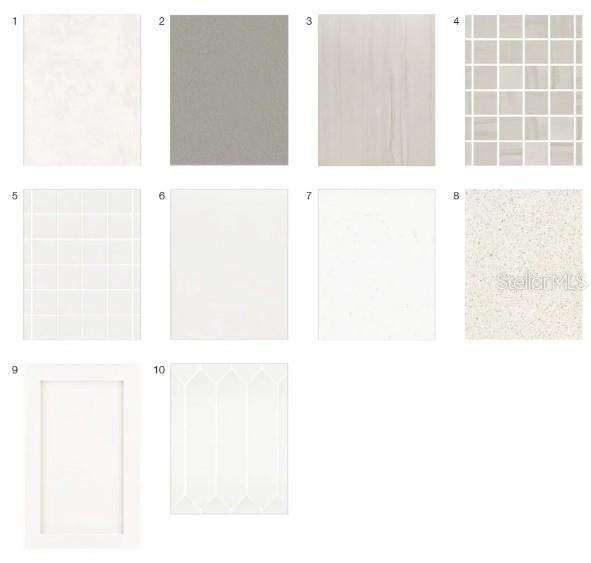 This image shows a grid of ten interior design material samples, including tiles, countertops, and cabinetry — 3209 TORTA COURT, BRADENTON, FL