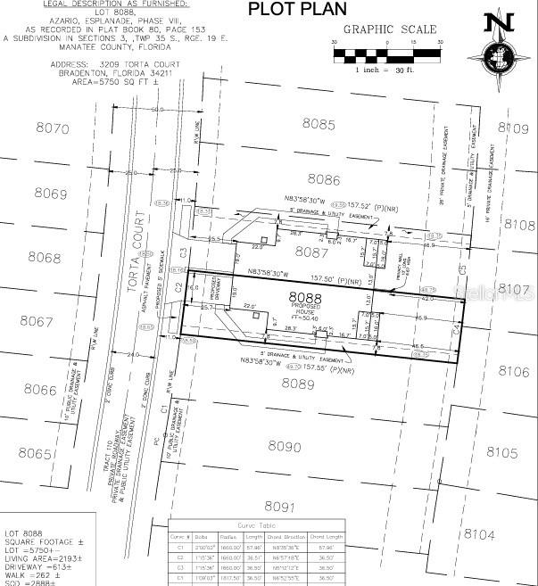This is a plot plan showing the property boundaries and proposed house footprint for lot 8088 — 3209 TORTA COURT, BRADENTON, FL