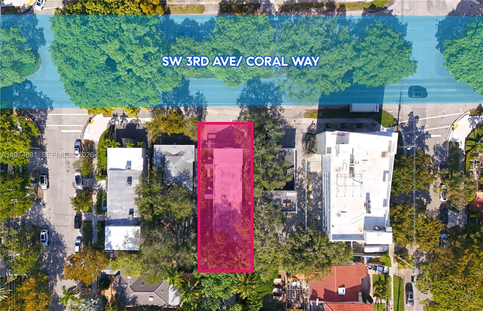 An aerial view shows a rectangular property highlighted in pink situated along a tree-lined street — 2825 SW 3rd Ave, Miami FL 33129, MIAMI, FL