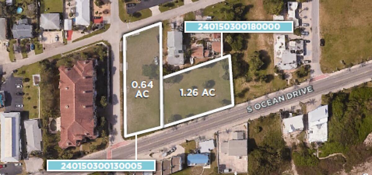 An aerial map shows two adjacent land parcels labeled with their acreage and parcel numbers — 609 & 615 S Ocean Drive, Fort Pierce FL 34949, FORT PIERCE, FL