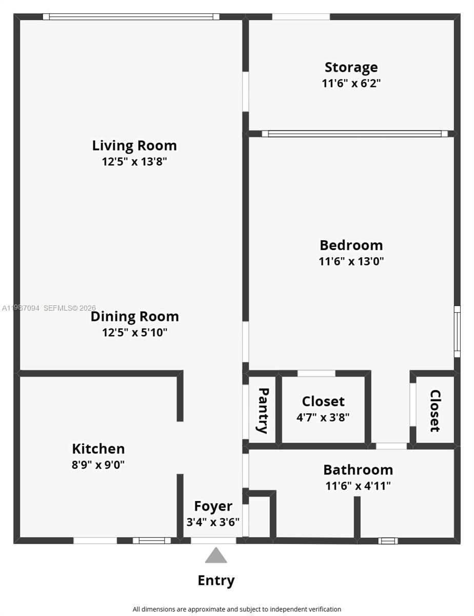 This is a floor plan for a one-bedroom apartment with a kitchen, living area, and storage — 6730 Arbor Dr # 110, Miramar FL 33023, MIRAMAR, FL