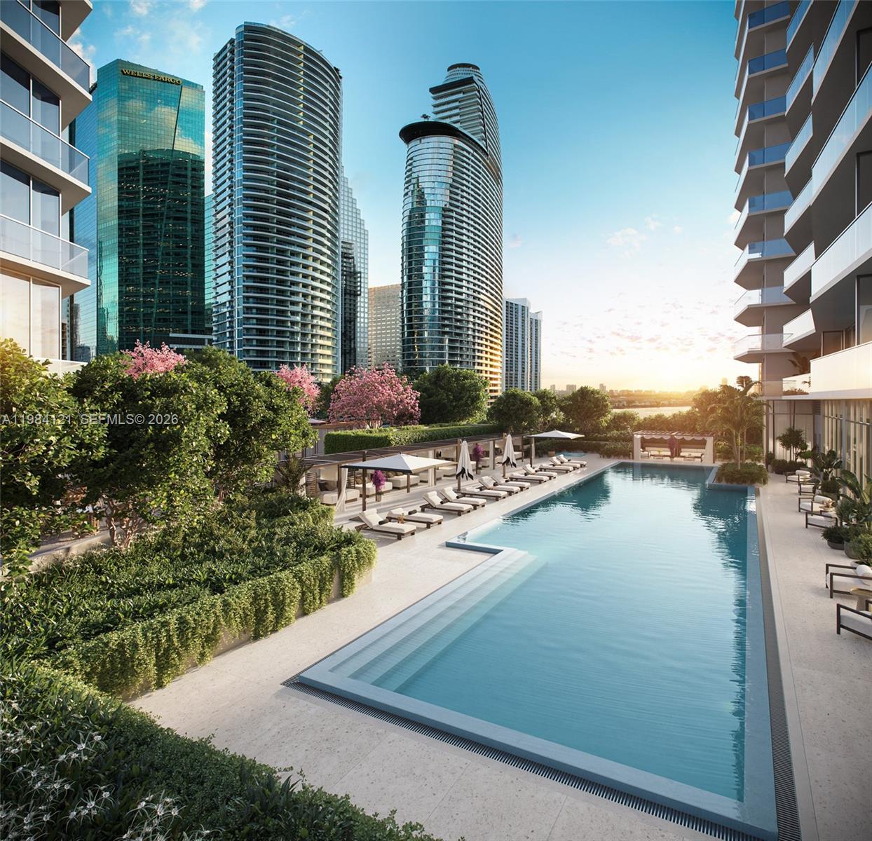 This architectural rendering shows a modern outdoor swimming pool surrounded by lounge chairs and landscaping — 77 SE 5TH ST # 1611, Miami FL 33131, MIAMI, FL