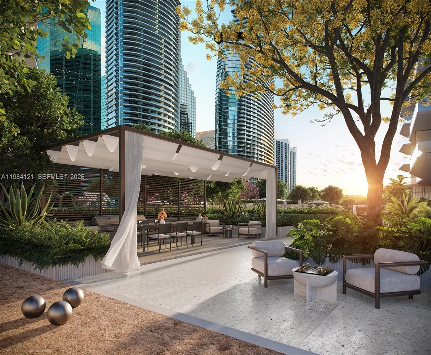 This rendering shows an outdoor patio with a pergola, dining area, and lounge seating — 77 SE 5TH ST # 1611, Miami FL 33131, MIAMI, FL