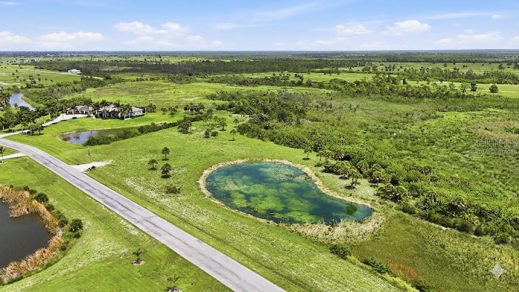 An aerial view shows a paved road, a small pond, and open grassy land — 11610 BRIDLE PATH LANE, PLACIDA, FL