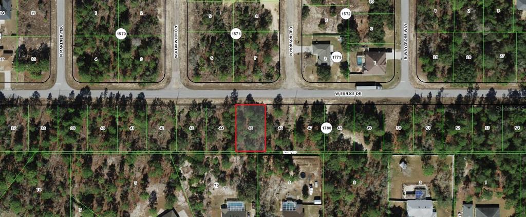 This is an aerial map showing a highlighted vacant residential lot among other undeveloped parcels — 3248 W EUNICE DRIVE, CITRUS SPRINGS, FL