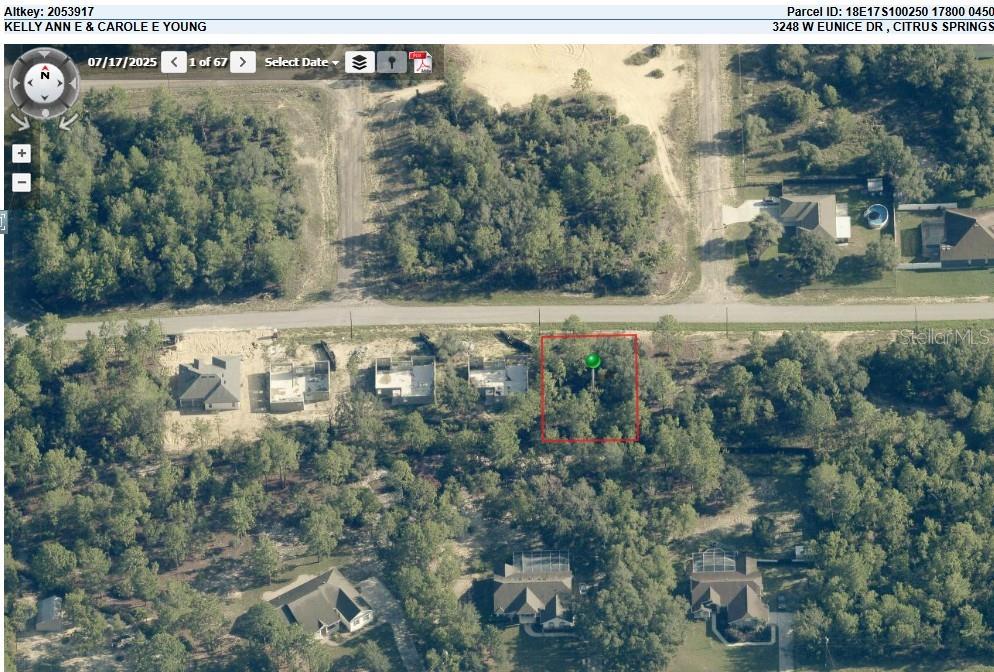 An aerial map view shows a wooded, undeveloped residential lot outlined in red — 3248 W EUNICE DRIVE, CITRUS SPRINGS, FL