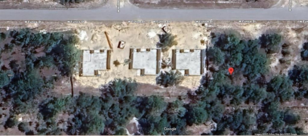 This satellite map shows three concrete building foundations on a wooded lot along a road — 3248 W EUNICE DRIVE, CITRUS SPRINGS, FL