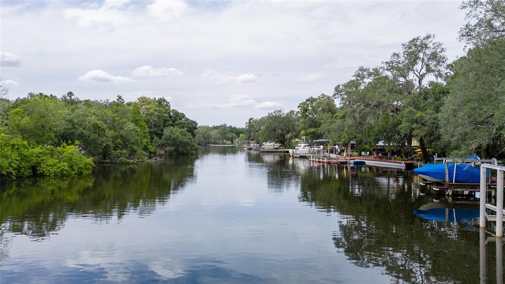 A canal view featuring boat docks, moored vessels, and lush trees under a cloudy sky — 7308 N OLA AVENUE, TAMPA, FL