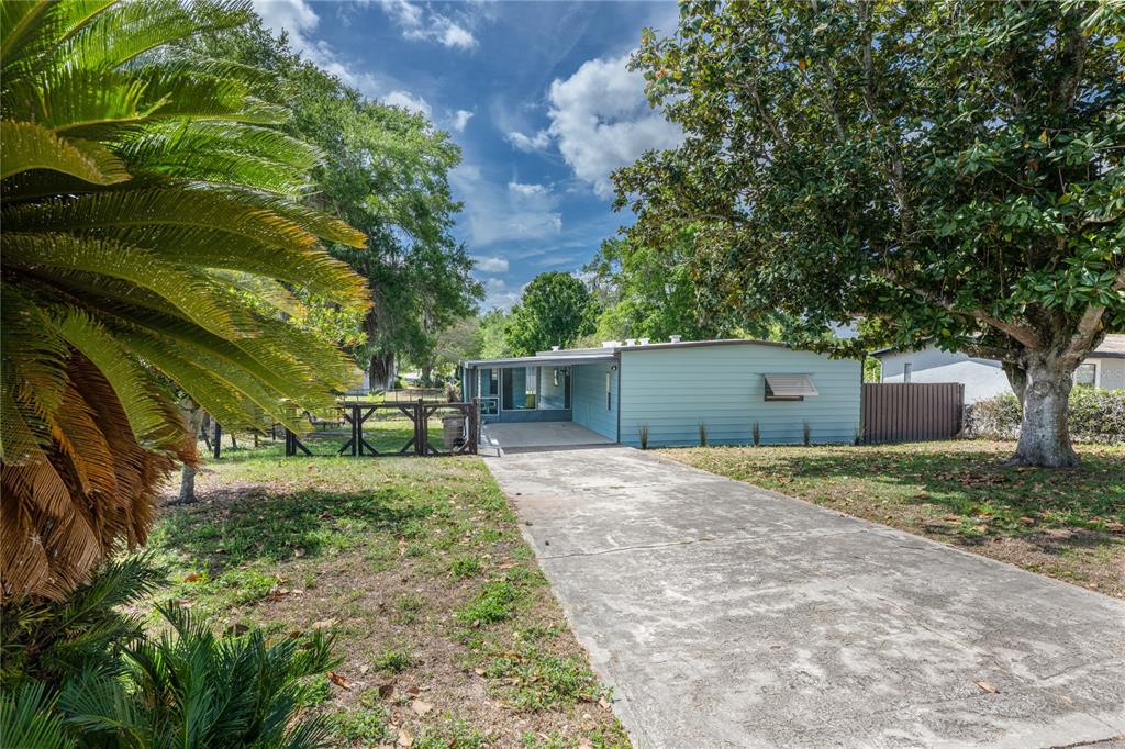 A light blue single-story house features a concrete driveway and a covered front porch — 17320 PALM DRIVE, MONTVERDE, FL