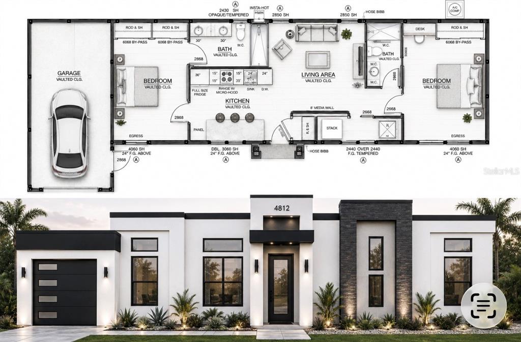This image shows a floor plan and a front exterior rendering of a modern house — 219 JOLLY ROGER DRIVE, HUDSON, FL