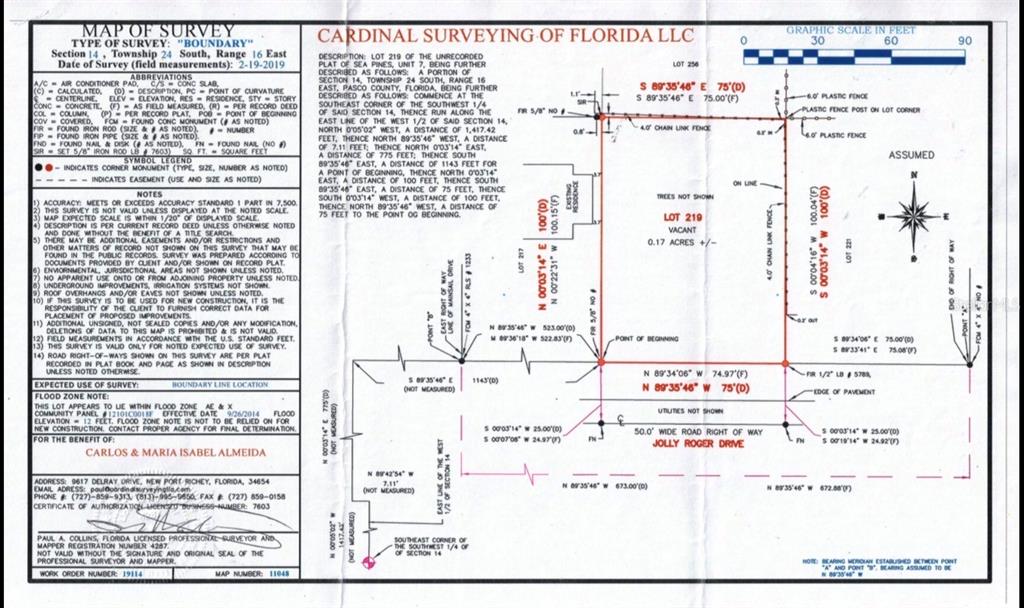 This is a boundary survey map showing the property lines and dimensions of a lot — 219 JOLLY ROGER DRIVE, HUDSON, FL