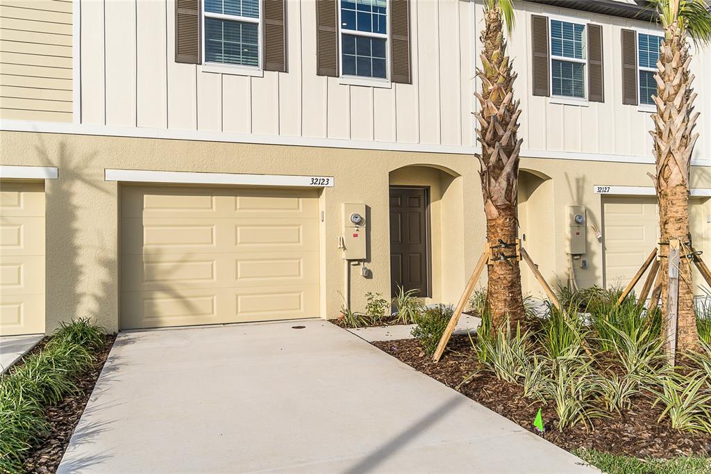 A two-story townhouse exterior features a beige garage, a dark front door, and palm trees — 32123 POND APPLE BEND, SAN ANTONIO, FL