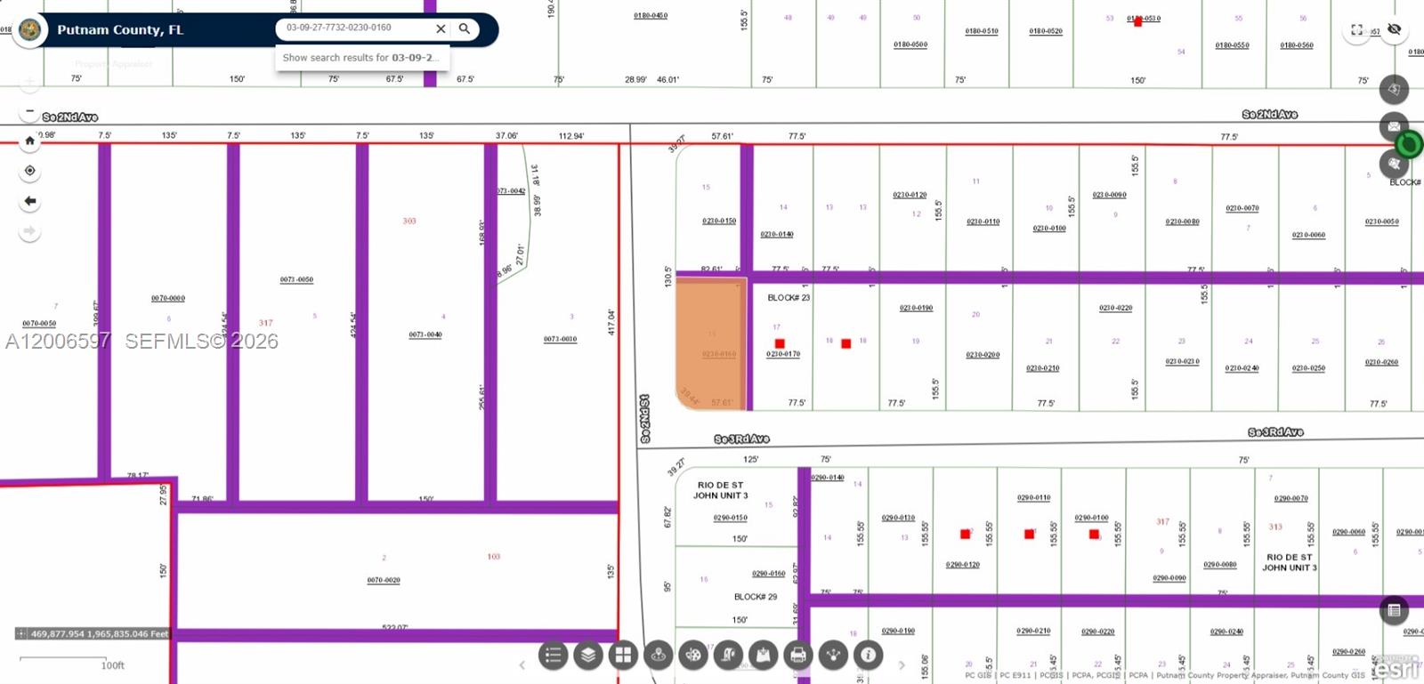 This image is a digital property tax map showing parcel boundaries and lot dimensions — No situs SE 2nd ST, Palatka FL 32177, PALATKA, FL