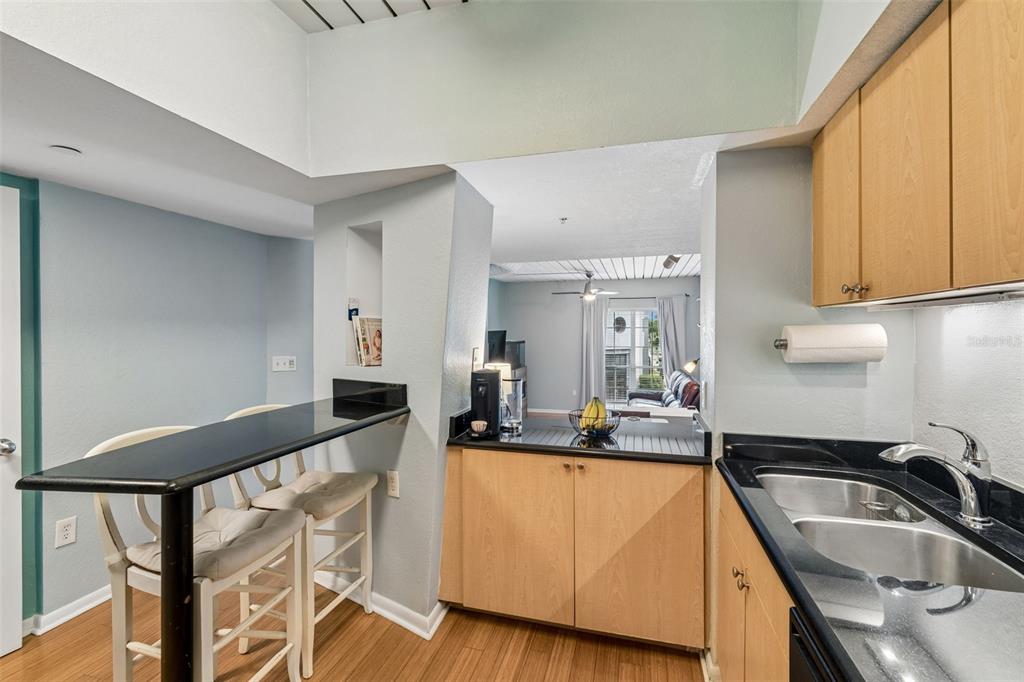 A kitchen features light wood cabinets, black countertops, stainless steel appliances, and a black dishwasher — 2331 W HORATIO STREET UNIT 625, TAMPA, FL
