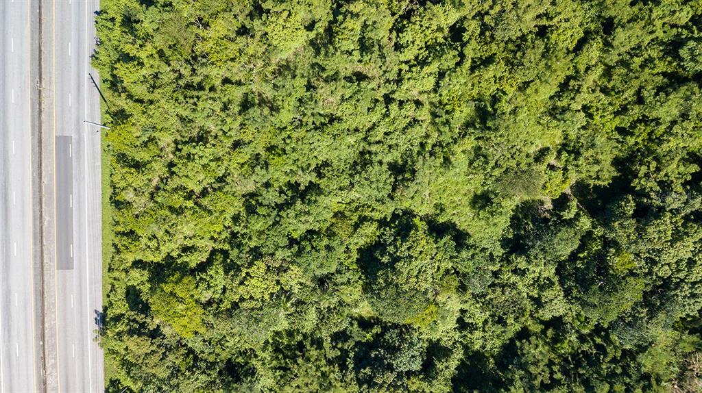 An aerial view shows a dense, wooded lot adjacent to a multi-lane highway — PR 2 KM 176.9 GUAMA, SAN GERMAN, PR
