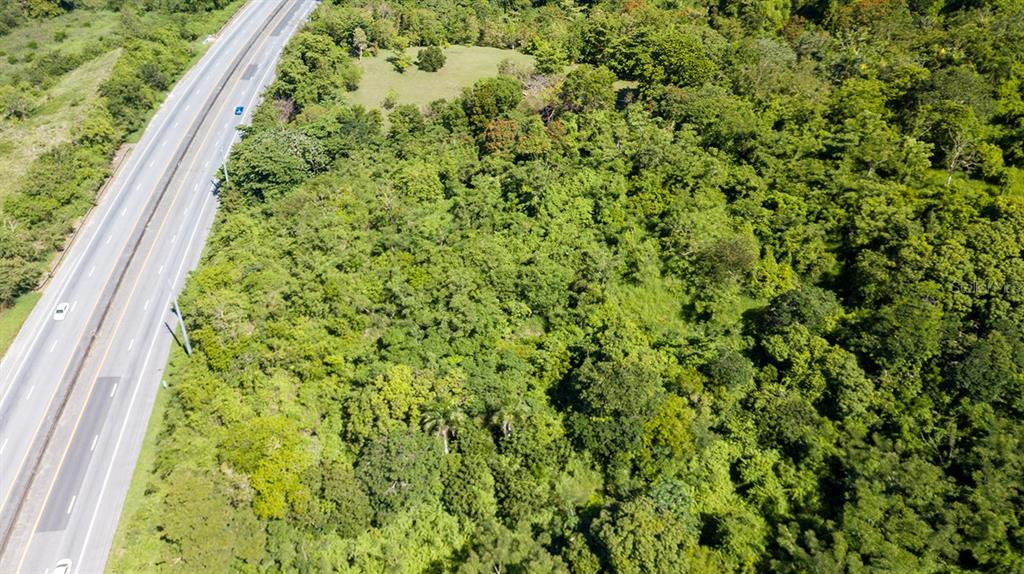 An aerial view shows a densely wooded plot of land adjacent to a multi-lane highway — PR 2 KM 176.9 GUAMA, SAN GERMAN, PR
