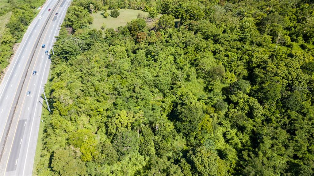 An aerial view shows a dense, wooded lot adjacent to a multi-lane highway — PR 2 KM 176.9 GUAMA, SAN GERMAN, PR