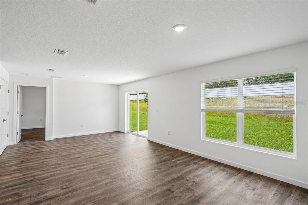 An empty room with white walls, wood-look flooring, recessed lighting, and a sliding glass door — 234 BULL FROG LANE, UMATILLA, FL