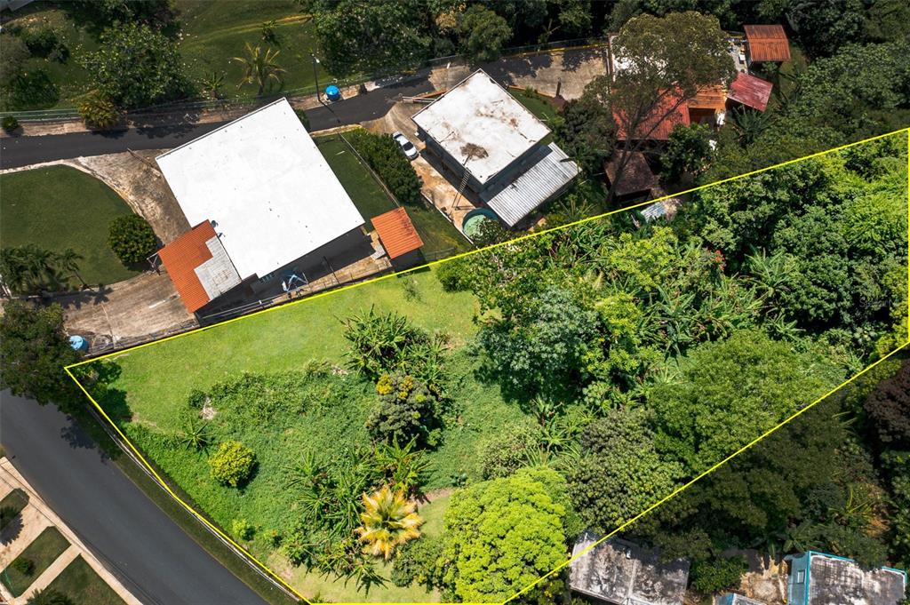 An aerial view shows a large, grassy lot outlined in yellow next to residential buildings — Cuchillas Ward STATE ROAD 618 KM1.6, MOROVIS, PR