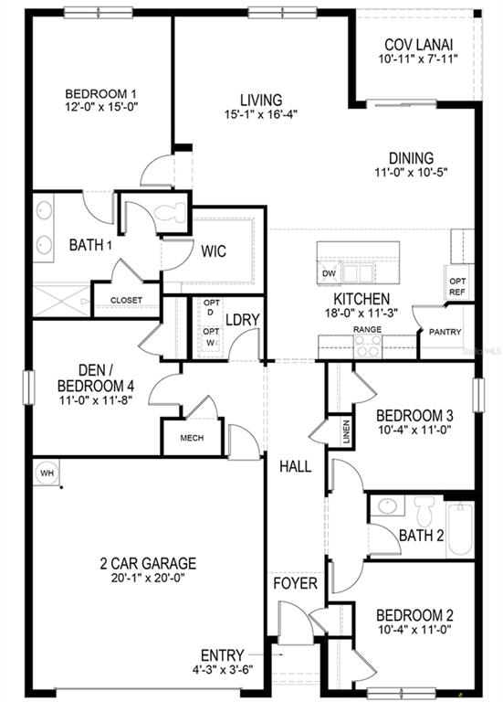 This is a floor plan for a four-bedroom, two-bathroom house with a two-car garage — 1708 NW 29TH TERRACE, CAPE CORAL, FL