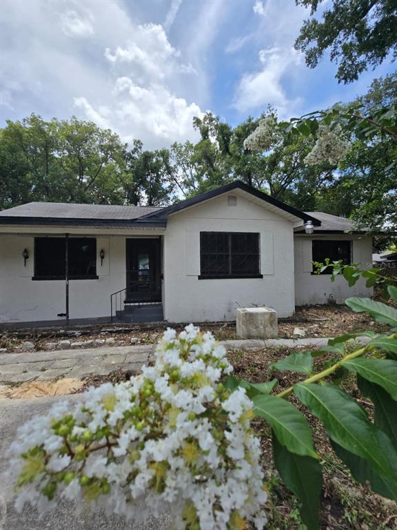 A white, single-story house with a dark roof and dark-framed windows behind a flowering tree — 3328 AVENUE T NW, WINTER HAVEN, FL
