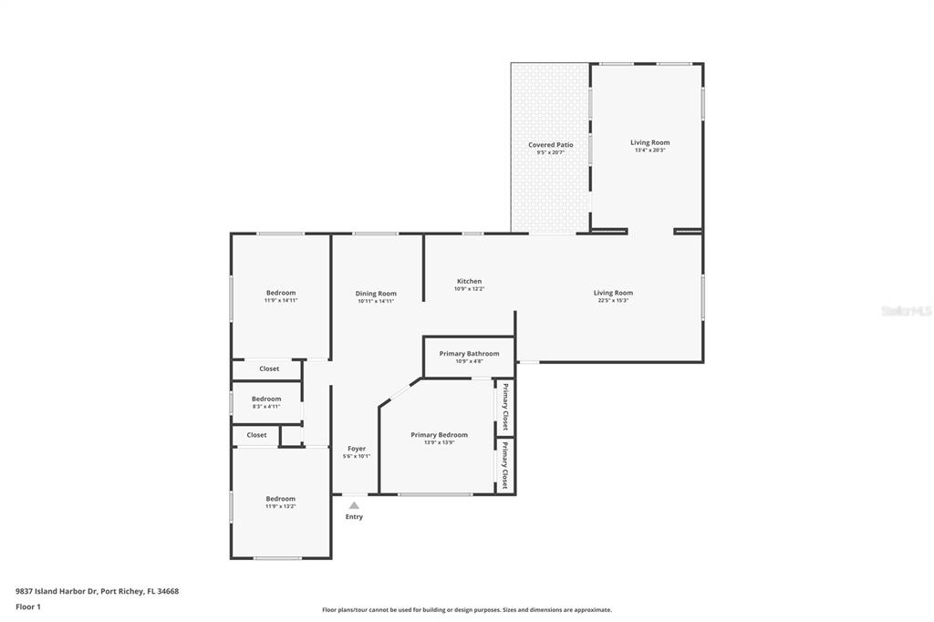 This is a floor plan showing a single-story house layout with three bedrooms and two living areas — 9837 ISLAND HARBOR DRIVE, PORT RICHEY, FL