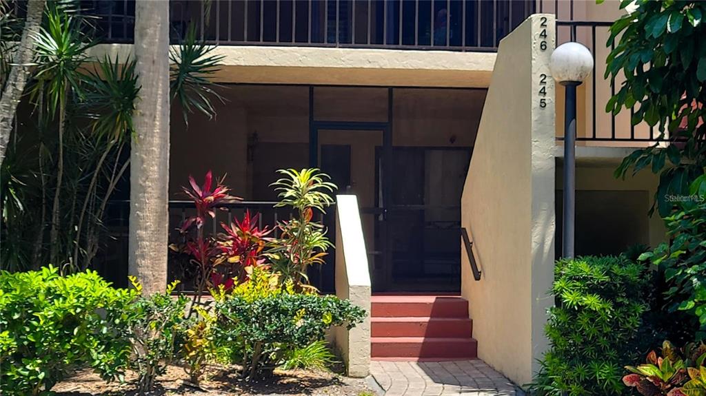 A ground-level apartment entrance features red concrete steps leading to a screened door — 6462 WILD OAK BAY BOULEVARD UNIT 245, BRADENTON, FL