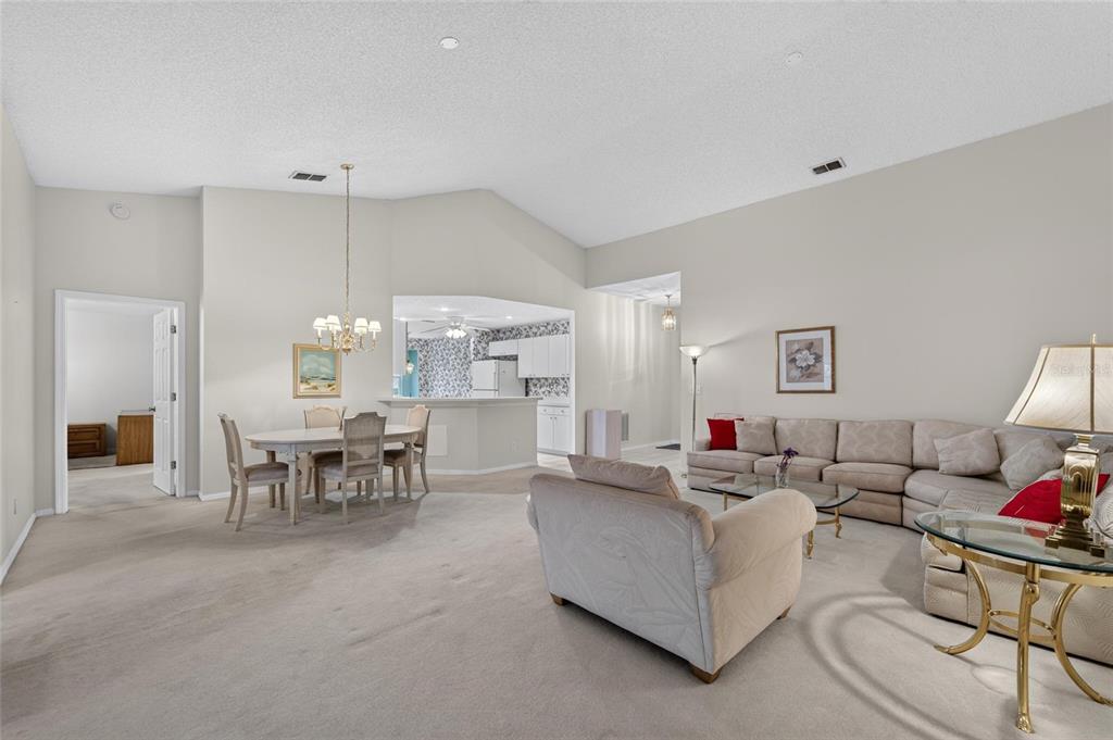 An open-concept living and dining room with beige carpeting, vaulted ceilings, and neutral walls — 1023 MCDANIEL STREET UNIT 139, SUN CITY CENTER, FL