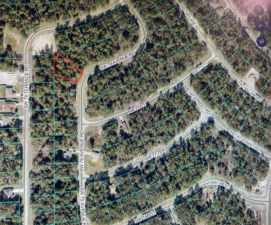 An aerial map view shows a vacant, wooded residential lot outlined in red — 0 SW 79TH AVENUE ROAD, OCALA, FL
