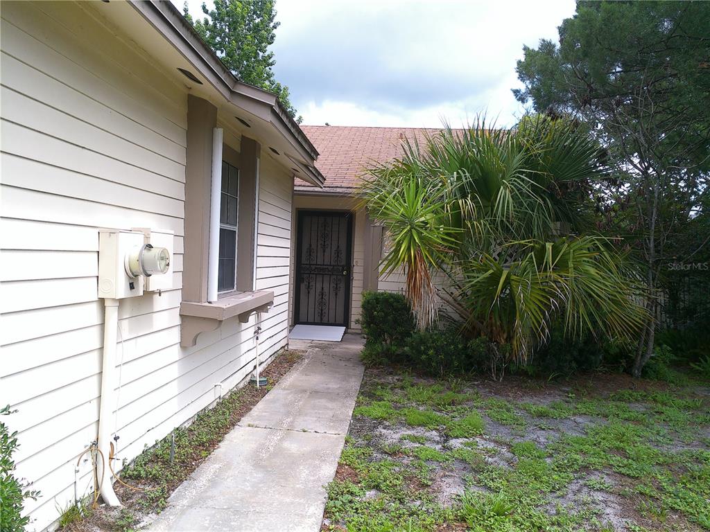 A side view of a house exterior with light siding, a walkway, and a palm tree — 1387 DUNHILL DRIVE, LONGWOOD, FL