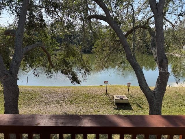 A view of a lake from a wooden deck framed by two large trees — 6740 MOONGLOW DRIVE UNIT 201, PORT RICHEY, FL