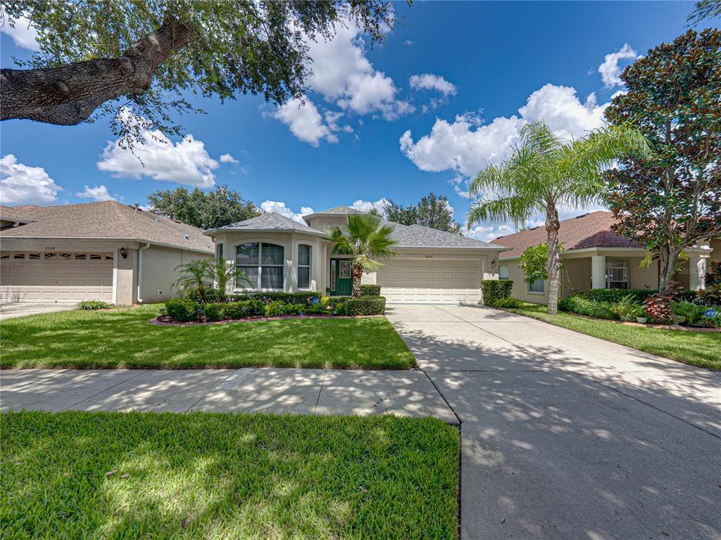 A single-story suburban house with a tan stucco exterior, a two-car garage, and a palm tree — 2530 CROSS MORE STREET, VALRICO, FL