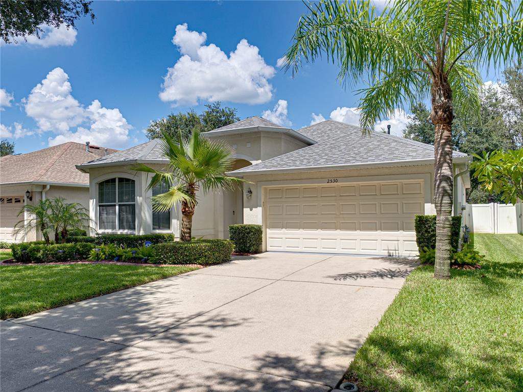 A single-story suburban house with a two-car garage, palm trees, and a concrete driveway — 2530 CROSS MORE STREET, VALRICO, FL