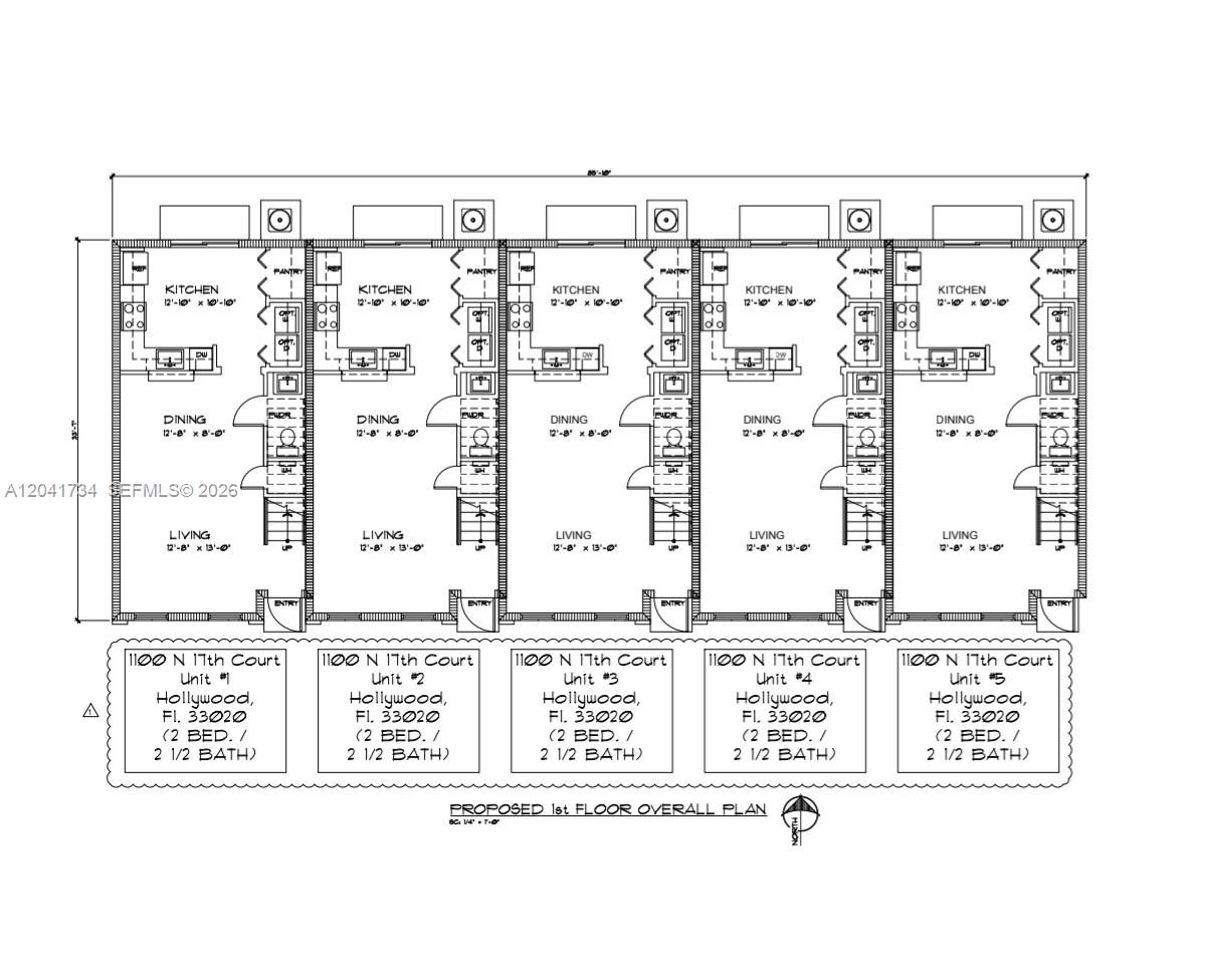 This is a floor plan for a five-unit residential building with two-bedroom layouts — 1100 N 17th Ct, Hollywood FL 33020, HOLLYWOOD, FL