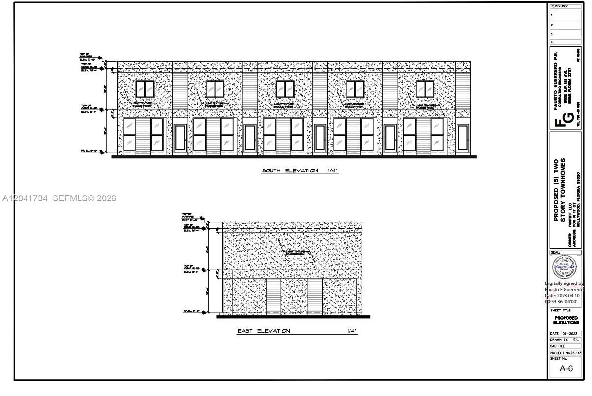 This architectural rendering shows the south and east elevations for a proposed two-story townhome project — 1100 N 17th Ct, Hollywood FL 33020, HOLLYWOOD, FL
