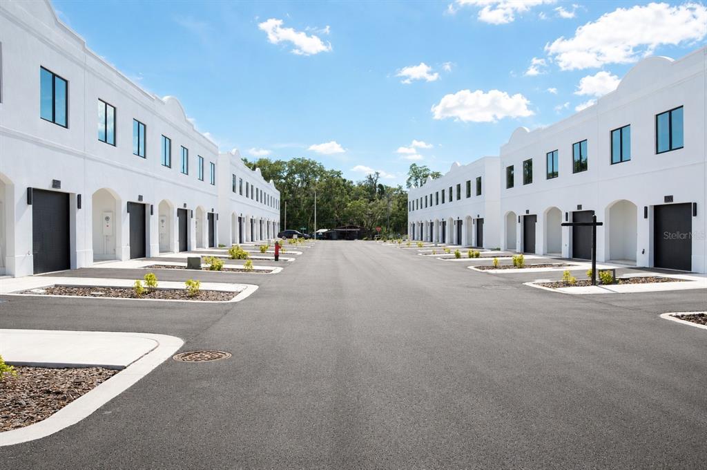 A street view of two rows of modern white townhouses with dark garage doors — 4343 CAMBIO GARDENS COURT, TAMPA, FL