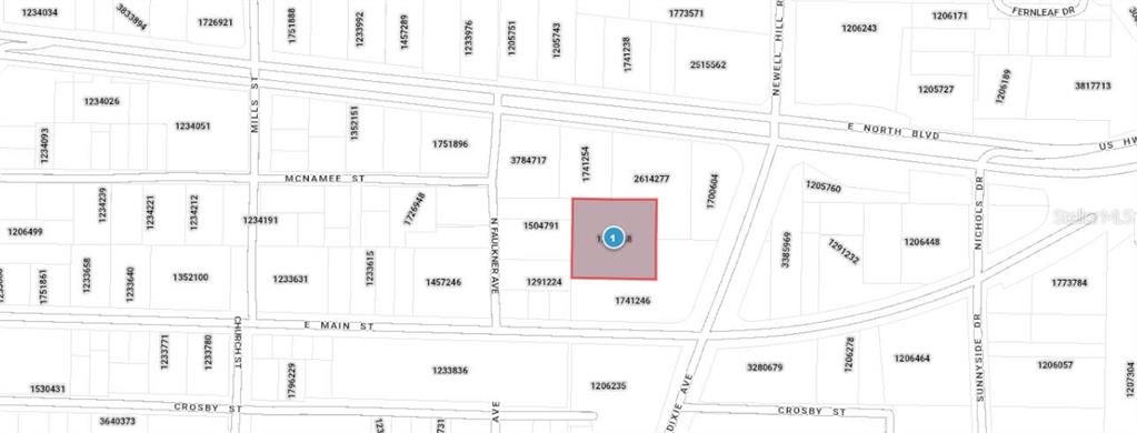 This image is a map showing property parcel boundaries and street names in a neighborhood — 1216 E MAIN STREET, LEESBURG, FL