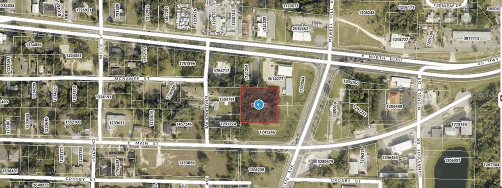 This is an aerial map showing a highlighted rectangular parcel of land in a neighborhood — 1216 E MAIN STREET, LEESBURG, FL
