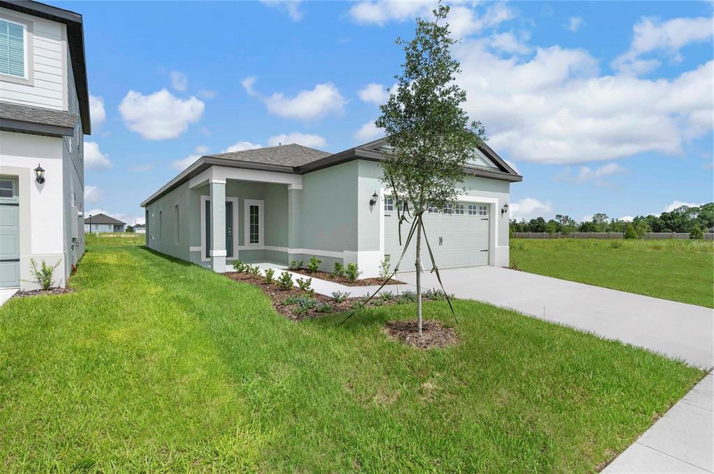 A light green single-story house with a two-car garage and a front porch — 3636 AMANATSU STREET, LAKE ALFRED, FL