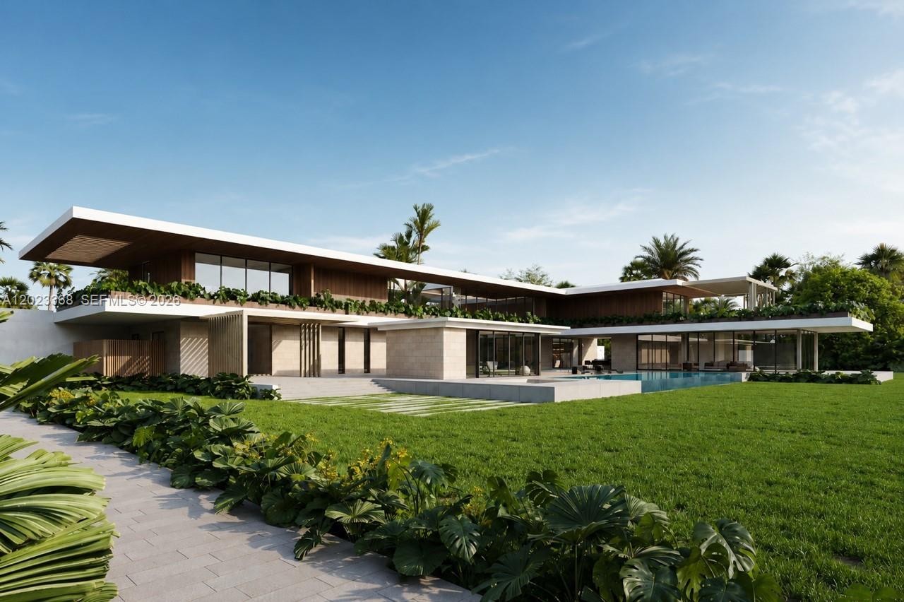 A rendering of a modern two-story luxury home with a pool and expansive lawn — 18111 SW 158th St, Miami FL 33187, MIAMI, FL
